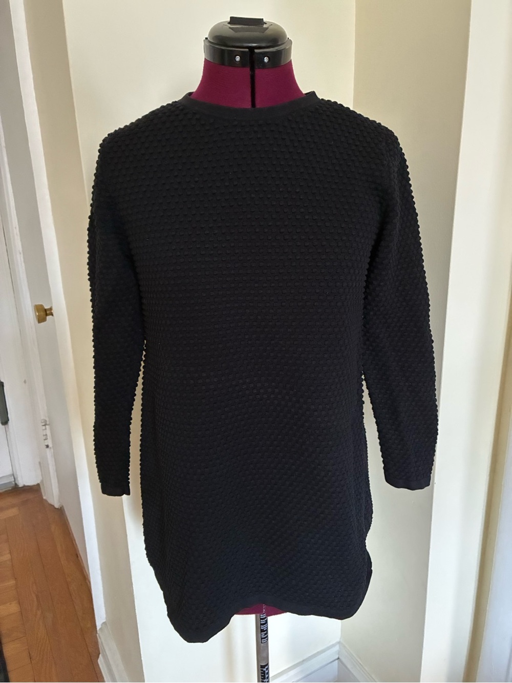 Cos Black Bubble Knit Texture Crewneck Shirt Tunic 3/4 sleeve